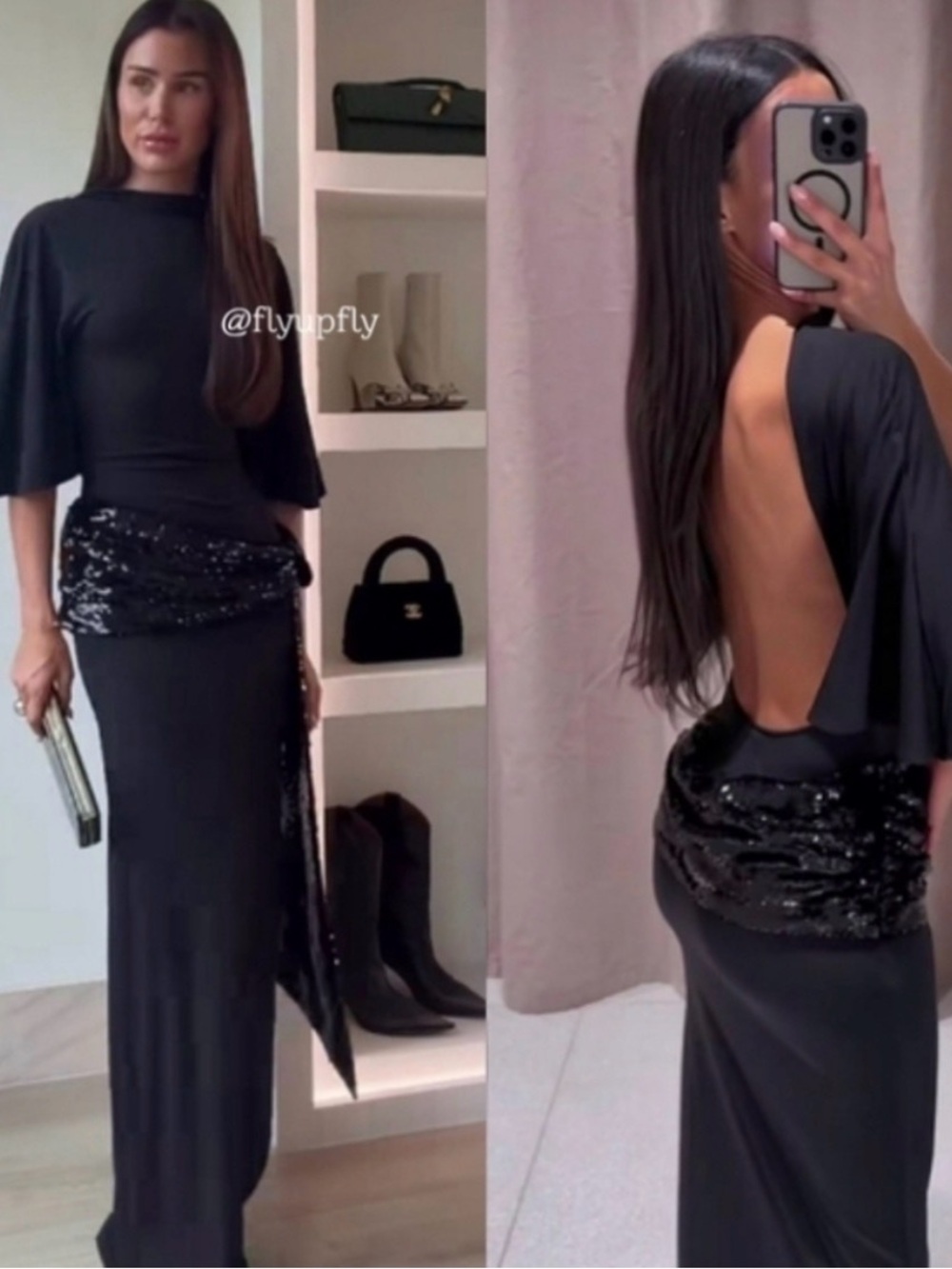 Zara Black Backless Sequin-Waist Evening Gown